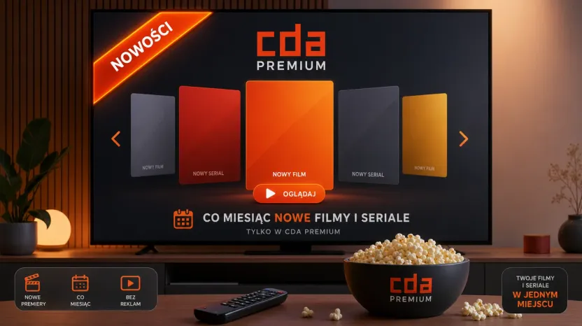 Telewizor z logo CDA Premium, rzędem nowych plakatów i banerem „Nowości" oraz popcorn — comiesięczne premiery filmów i seriali.