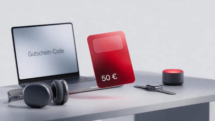 Cyberport Gutschein neben Laptop, Kopfhörern und Smartwatch mit Eingabe des Gutschein-Codes