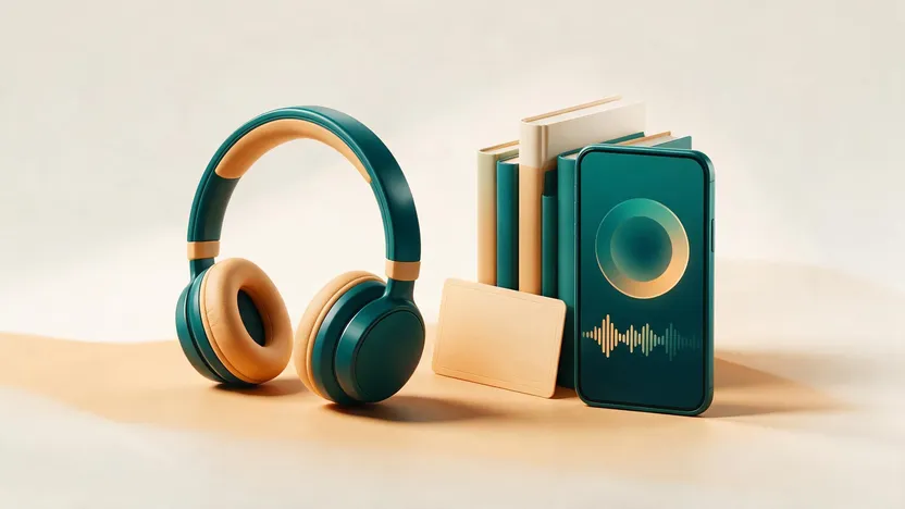 Słuchawki i telefon z odtwarzaczem audiobooka obok stosu książek