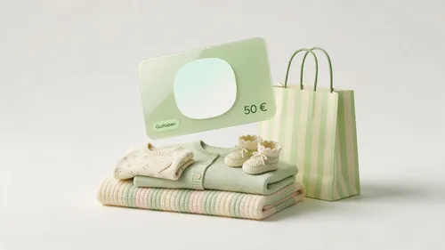 Ernsting's family voucher above folded family clothing and a shopping bag showing the remaining credit