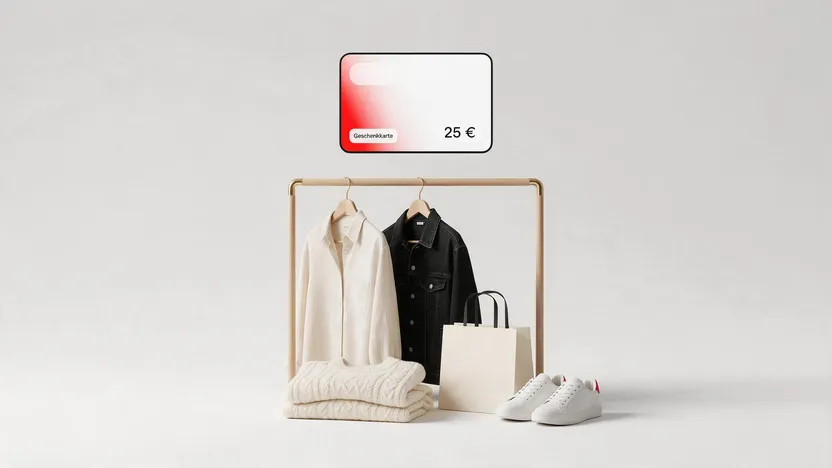 H&M gift card above a clothing rail, knitwear and a paper shopping bag for redeeming fashion credit