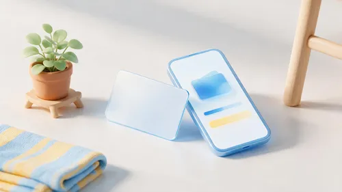 Karta podarunkowa IKEA i telefon ze sprawdzaniem salda, obok dodatki do domu