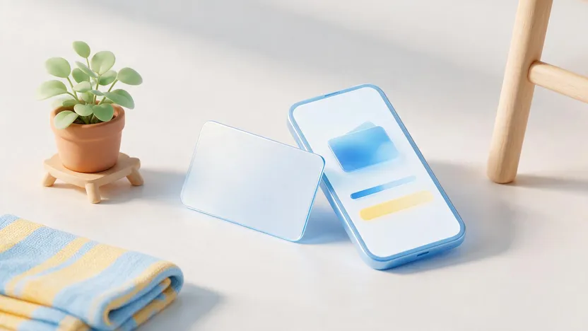 Karta podarunkowa IKEA i telefon ze sprawdzaniem salda, obok dodatki do domu