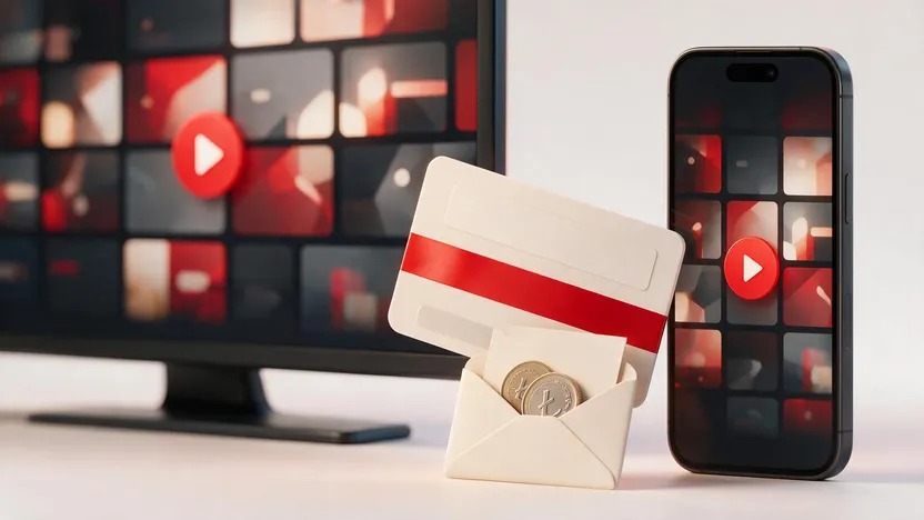 Karta podarunkowa Netflix przy telewizorze i telefonie z ekranem serwisu, obok koperta z kodem