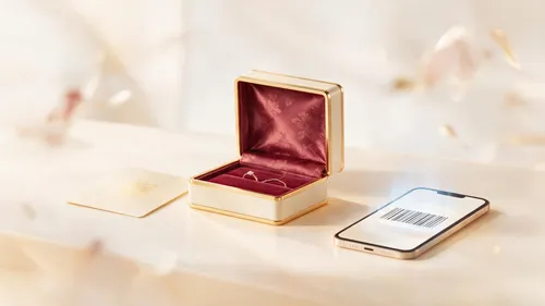 Pudełko z biżuterią, karta podarunkowa i telefon ze skanowaniem kodu kreskowego
