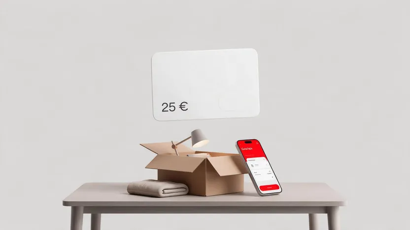 OTTO Gutschein über einem geöffneten Paket, einer Lampe und einem Smartphone mit Gutschein-Übersicht