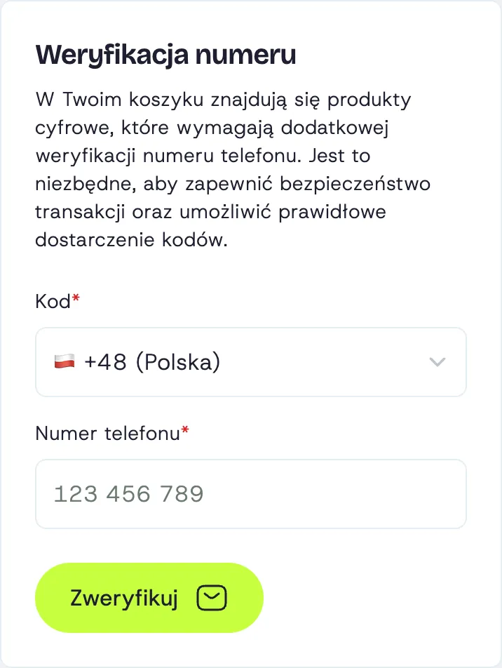 Formularz weryfikacji telefonu w koszyku Payticon przy zakupie paysafecard: kierunkowy Polski, puste pole numeru i przycisk Zweryfikuj