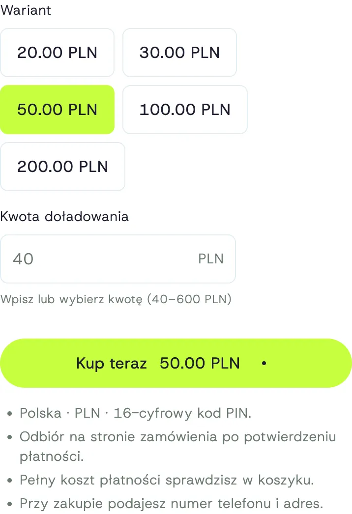 Wybór kodu paysafecard 50 PLN w formularzu Payticon, pozostałe nominały i pole własnej kwoty
