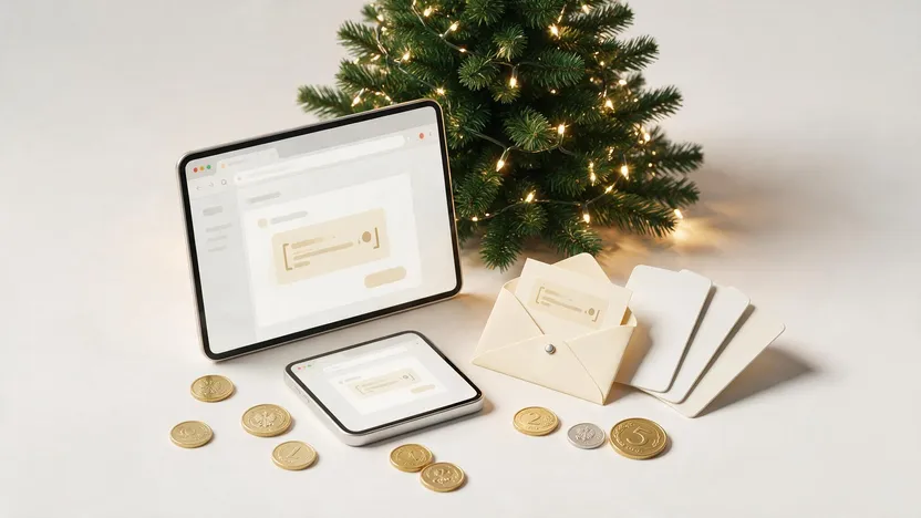 Tablet z kodem podarunkowym w mailu, koperta pod choinką i polskie monety