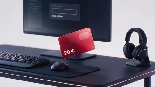Riot Points Guthabenkarte am Gaming-Schreibtisch mit Tastatur, Headset und Feld zum Code einlösen