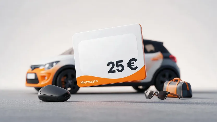 SIXT voucher in front of a rental car with a car key and travel bag for redeeming rental credit