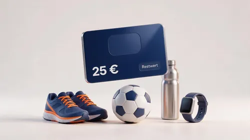 SportScheck Gutschein über Laufschuhen, Fußball und Trinkflasche mit Anzeige des Restwerts