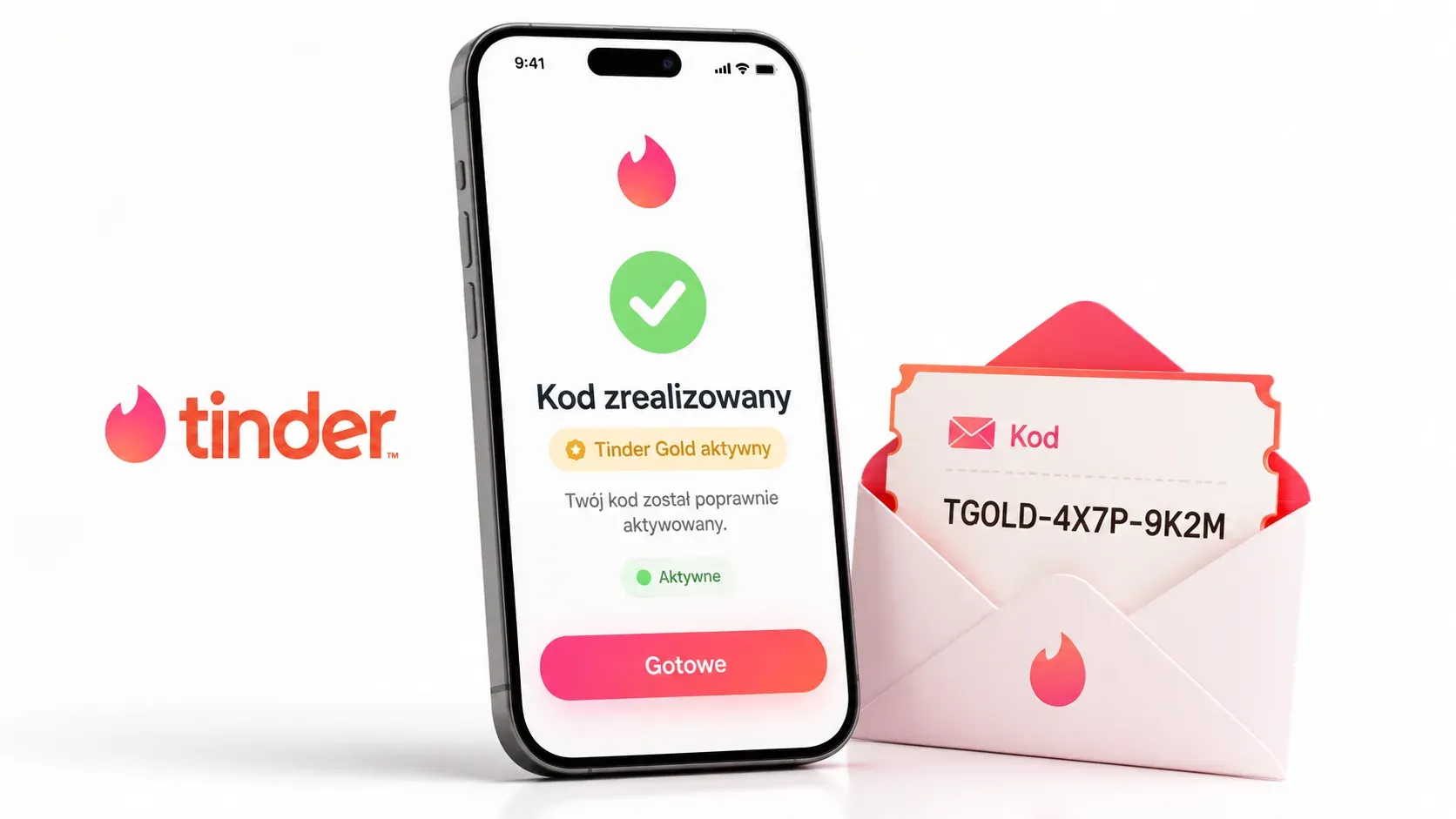 Ekran potwierdzenia realizacji kodu Tinder — „Kod zrealizowany, Tinder Gold aktywny"