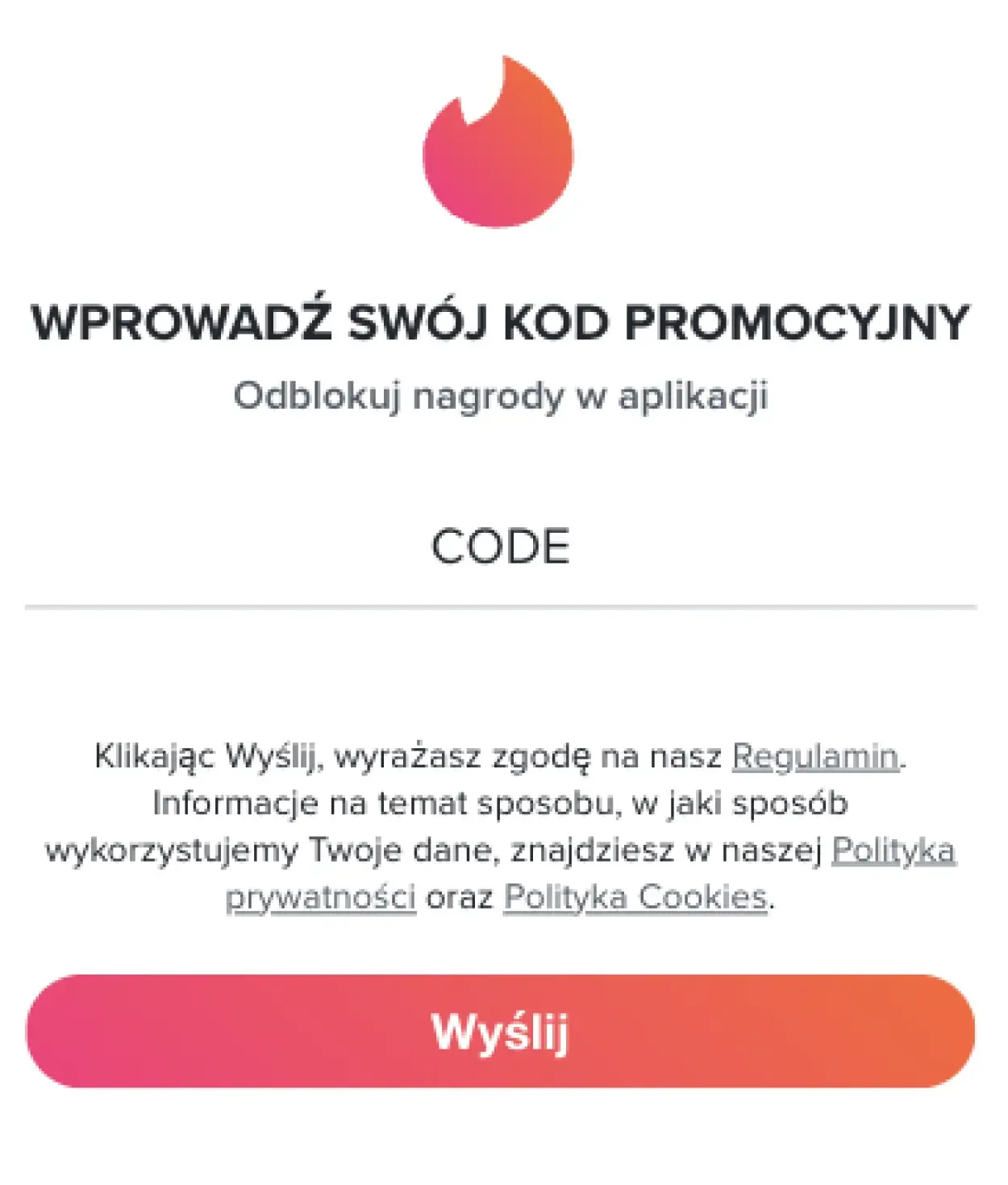 Formularz aktywacji kodu VIP Tinder — pole na kod