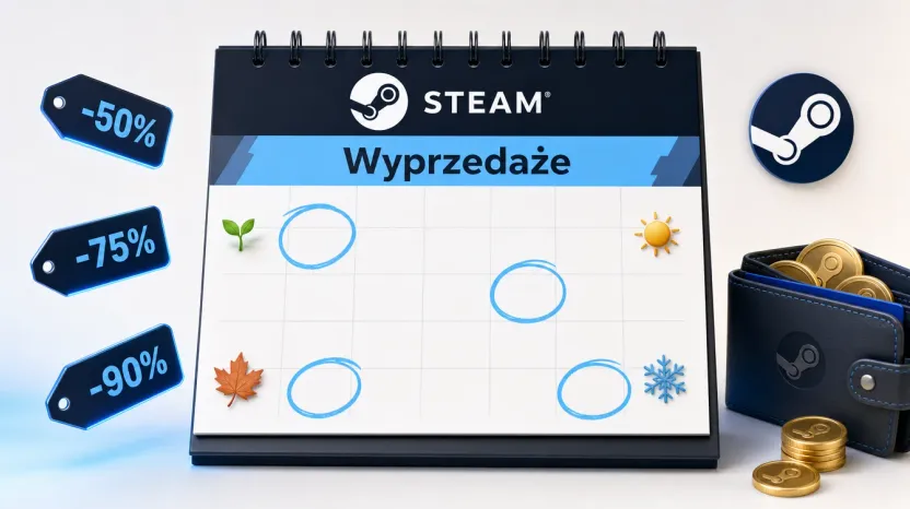 Kalendarz z logo Steam, zakreślonymi polami i metkami rabatów -50%, -75%, -90% — planowanie zakupów na wyprzedażach Steam.