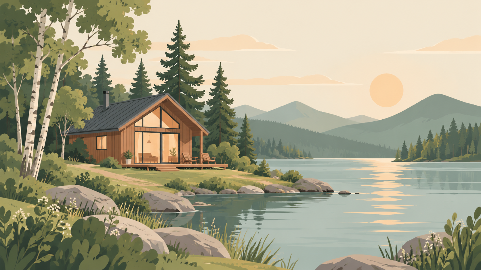 Placeholder illustration for a Center Parcs voucher: a cabin among trees beside a lake, without branding.