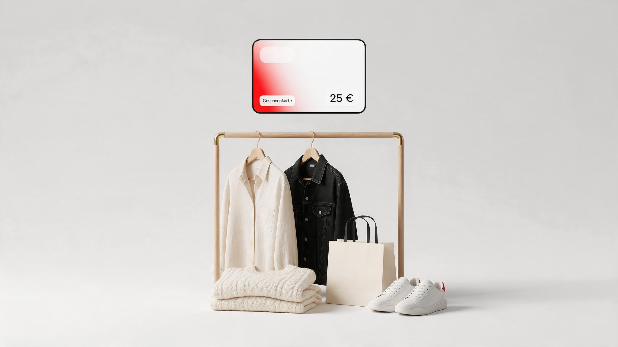 H&M Geschenkkarte über Kleiderstange, Strickpullover und Einkaufstüte zum Einlösen des Mode-Guthabens