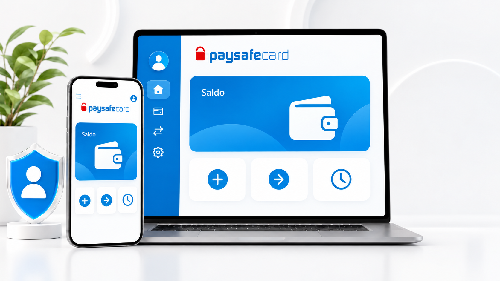 Ilustracja konta paysafecard i salda na ekranach laptopa oraz telefonu