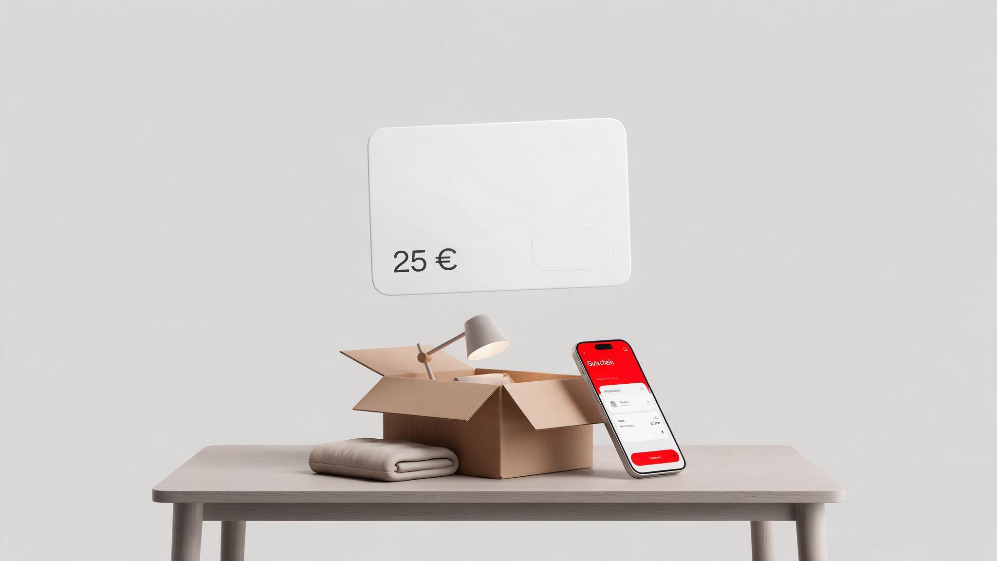 OTTO Gutschein über einem geöffneten Paket, einer Lampe und einem Smartphone mit Gutschein-Übersicht