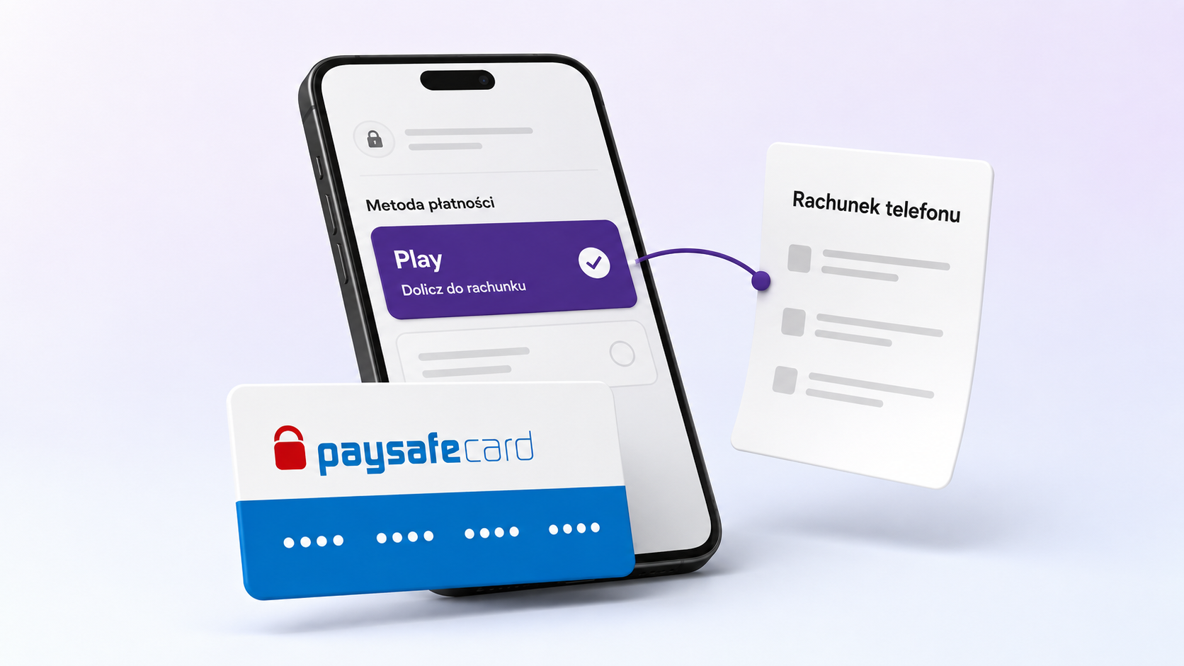 Smartfon z płatnością Play połączony z rachunkiem telefonicznym i voucherem paysafecard.