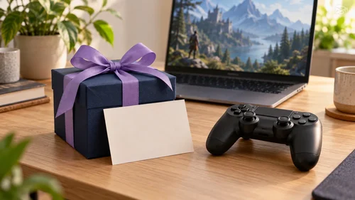 Digitale tegoedkaart en draadloze controller op een gamingbureau zonder merklogo