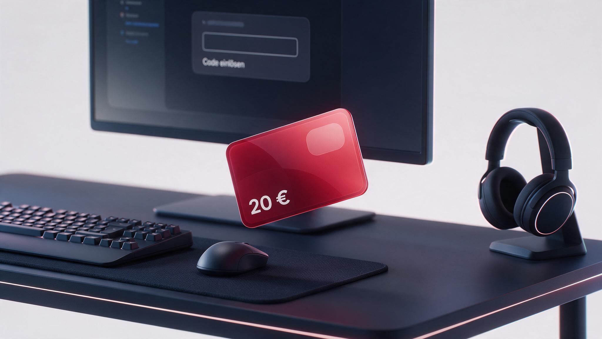 Riot Points Guthabenkarte am Gaming-Schreibtisch mit Tastatur, Headset und Feld zum Code einlösen