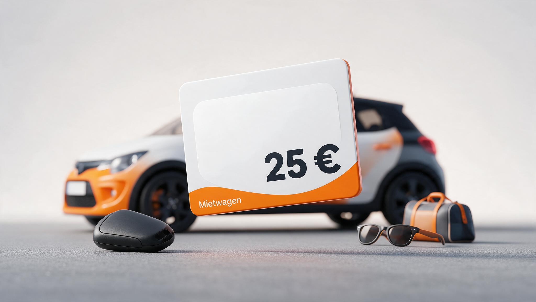 SIXT Gutschein vor einem Mietwagen mit Autoschlüssel und Reisetasche zum Einlösen des Mietwagen-Guthabens