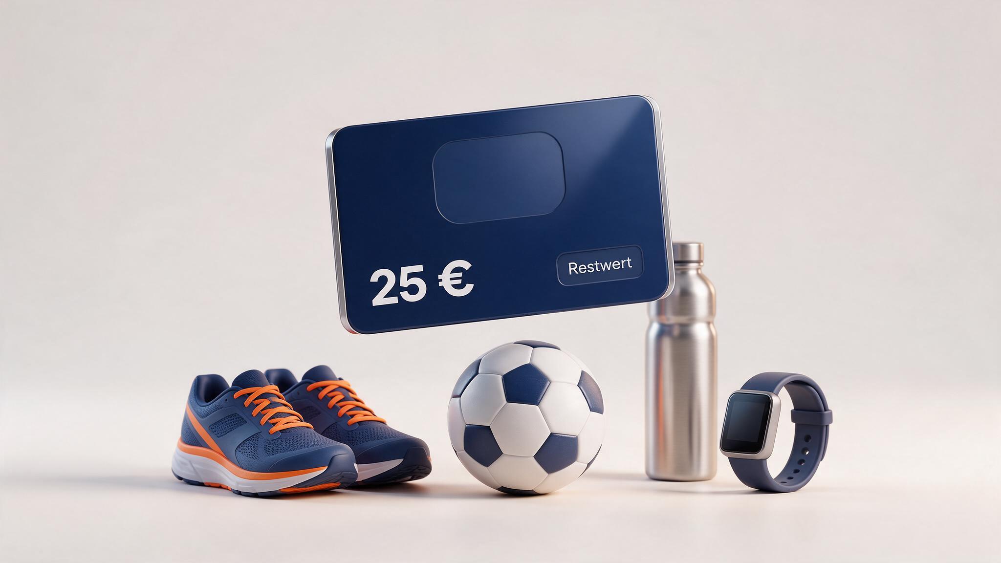SportScheck voucher above running shoes, a football and a water bottle showing the remaining value