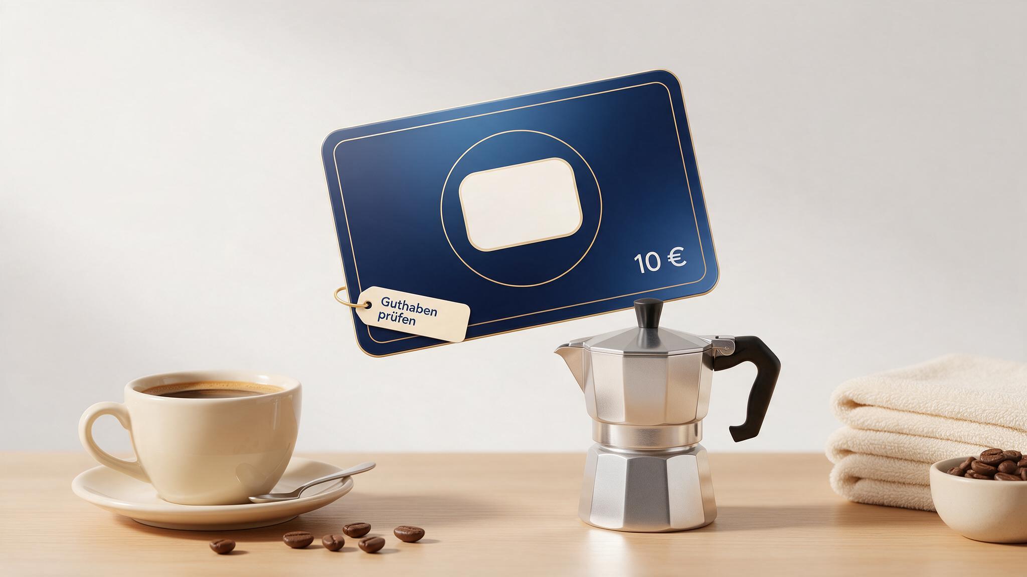 Tchibo Geschenkkarte über Kaffeetasse, Espressokocher und Handtüchern mit Anhänger zum Guthaben prüfen