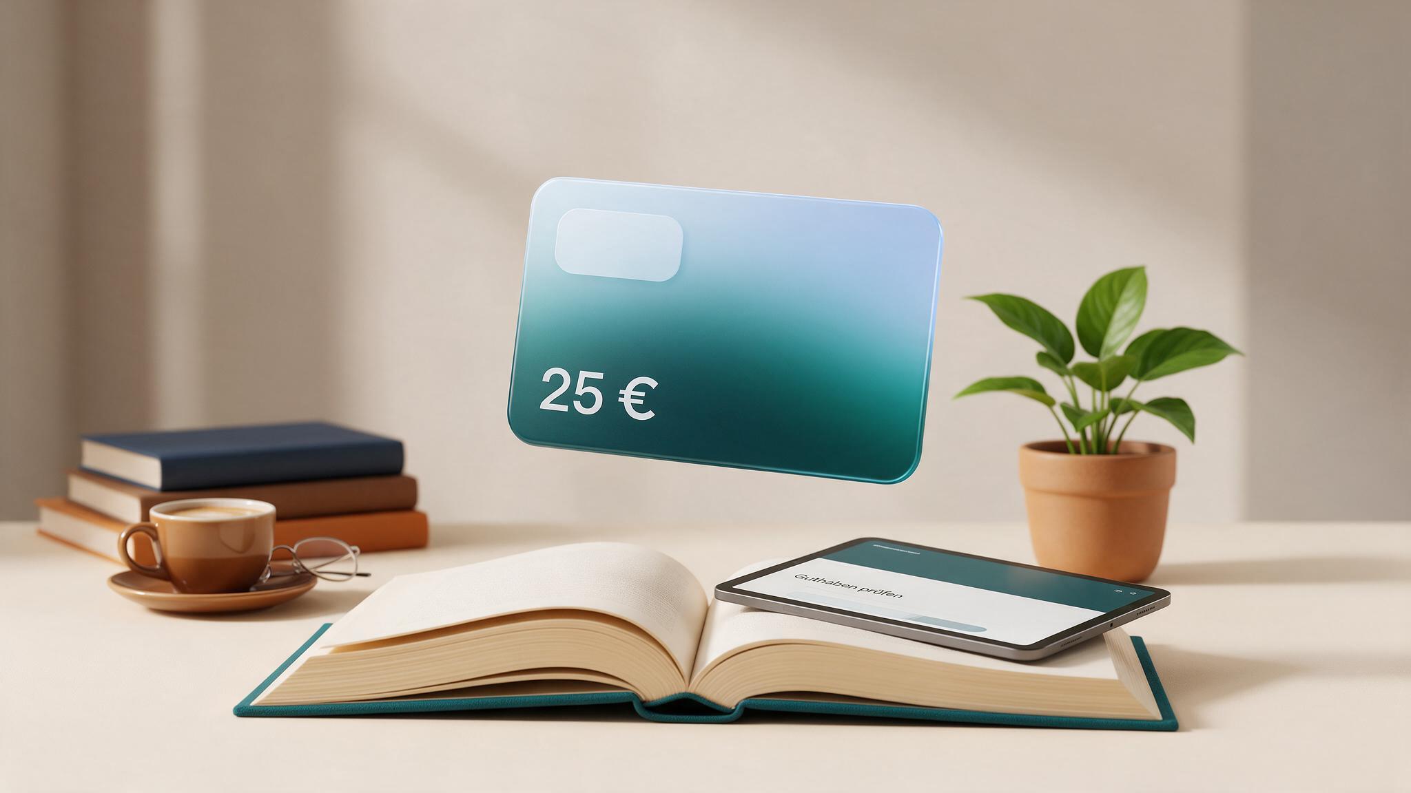 Thalia Geschenkkarte über einem aufgeschlagenen Buch und einem Tablet mit Guthabenabfrage
